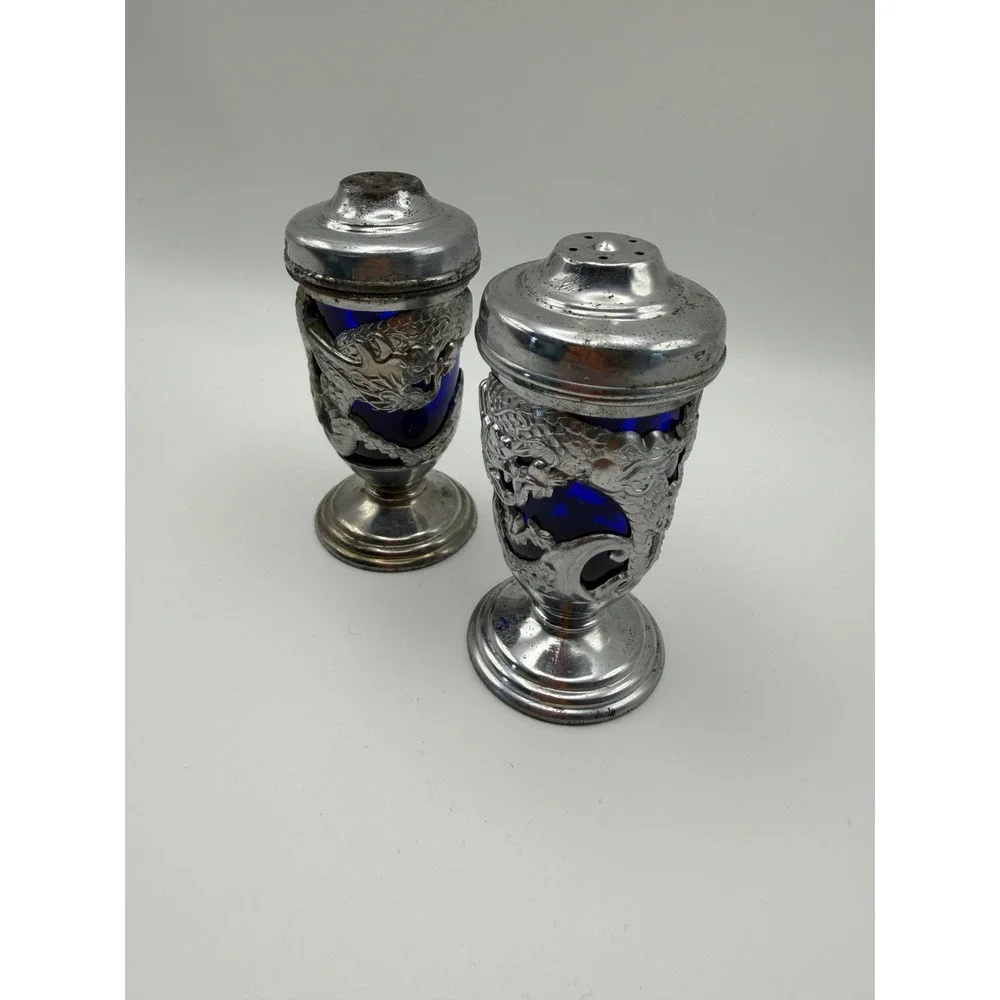 Vintage 1950s Japanese Dragon Salt Pepper Shaker Set Silver Cobalt Blue Glass